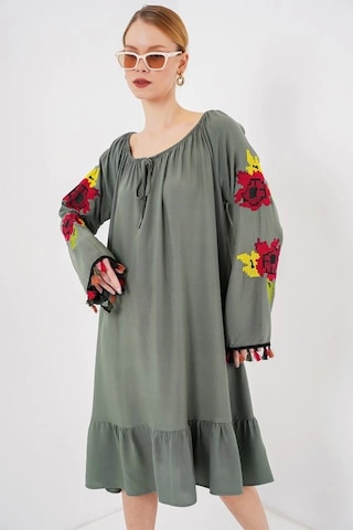 Nakışlı Midi Elbise 2531 - Haki Haki