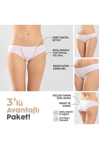 Elitse Kadın Pamuklu Zikzak İşlemeli Bikini Kesim Külot 3'lü Paket Siyah Beyaz Dantel Detaylı İç Çamaşırı