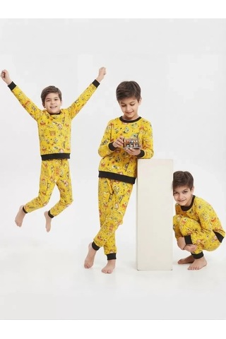 Veraura Lifestyle 4/10 Yaş Karakter Baskılı Pamuk Penye Çocuk Pijama Takımı Sarı