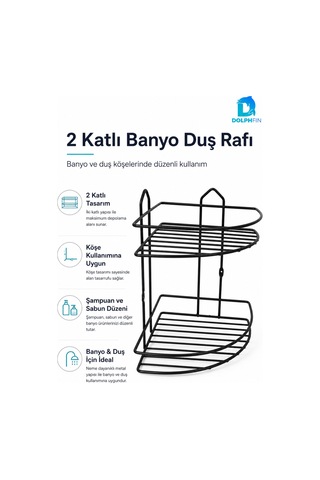2 Katlı Siyah Banyo Duş Rafı Köşe Metal Şampuan Sabunluk Banyo Düzenleyici Raf