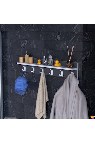 Modilayn Kedi Serisi 6 Lı Banyo Askısı Seti 96,4x18 Cm 18 Kancalı Raflı Düzenleyici Yer Tasarrufu. Antrasit - Beyaz