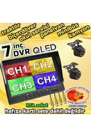2 Adet 4x3 Cm. Ahd 720p 170 Derece Balık Gözü Lens Kamera 7 İnç Ips Qled 256 Gb Dvr Monitör 12 V