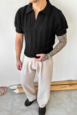 Siyah Striped Knitwear Relaxed Triko Polo Yaka Tişört Siyah