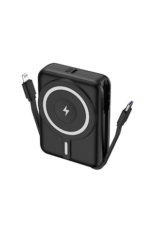 10000 Mah Kablosuz Powerbank Dijital Led Ekranlı, Type-c & Lightning Kabloları, Güçlü 15w Hızlı Şarj Siyah