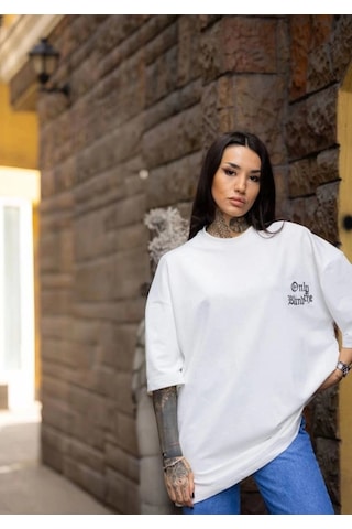 Freedom Storee Kadın Tişort Bisiklet Yaka Baskılı Yazlık Kısa Kol Oversize T-shirt - Beyaz Çok Renkli