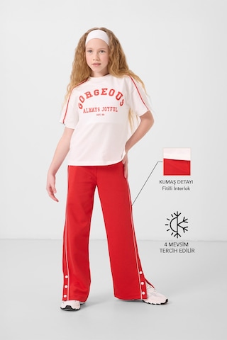 Tommylife Ekru-fiesta O Yaka Baskılı Geniş Paça Çıt Çıt Detaylı Kız Çocuk Palazzo Eşofman Takım - 75172 Ekru/fiesta Ekru - Kırmızı