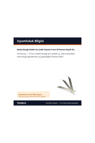 Trobus Maket Bıçağı Yedek Ucu Çelik Falçata 9 Mm 30 Derece Küçük 20'li
