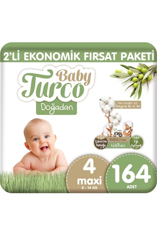 Baby Turco Doğadan 2'li Ekonomik Fırsat Paketi Bebek Bezi 4 Numara 164 Adet 2'li