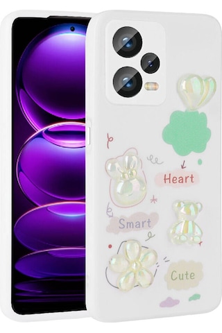 Xiaomi Redmi Note 12 Pro Plus 5g Kılıf Kabartma Figürlü Parlak Zore Toys Silikon Kapak Beyaz