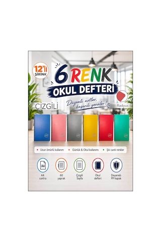 Pp Kapak Spiralli 60 Yaprak A4 Çizgili 12 Adet Defter Çok Renkli