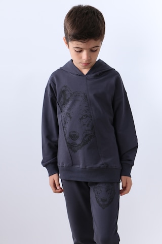 Erkek Çocuk Kapşonlu Eşofman Takımı Kurt Baskılı F10 Füme