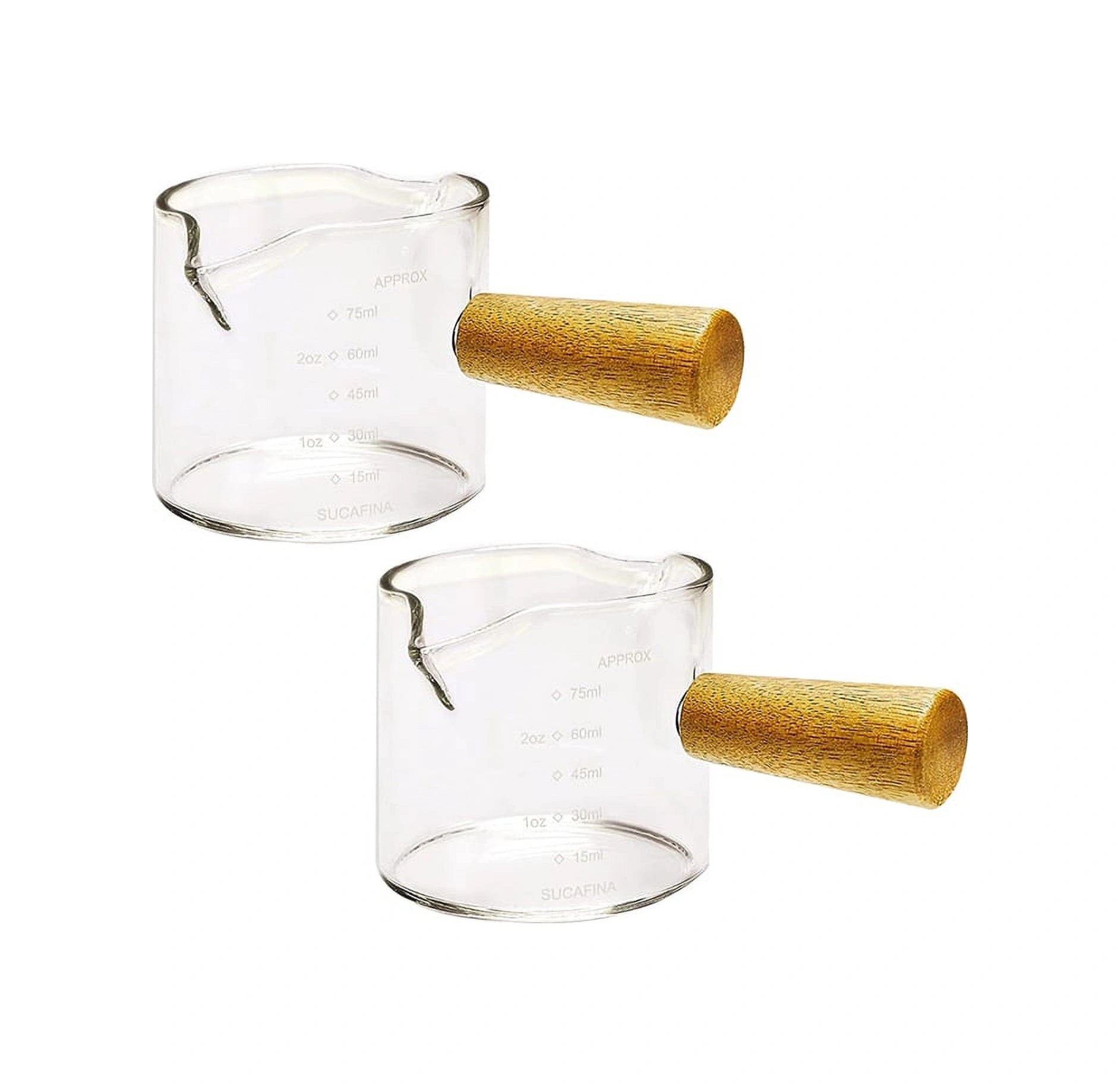 Yunboo 75 Ml Cam + Ahşap İki Ağızlı Espresso Ölçü Bardağı, Isı Yalıtımı Ahşap Saplı, Dökülmeyen, Net Ölçekli 2 Adet Şeffaf
