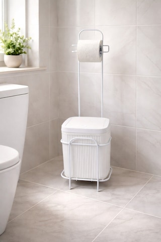 Decorev Metal Standlı Click Kapaklı Banyo Kovası & Tuvalet Kağıtlıklı Banyo Seti Beyaz