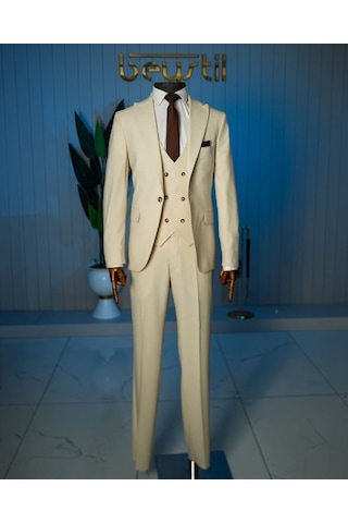 Bys Beystil Sivri Yaka Ekru Takım Elbise Nikol - Slim Fit