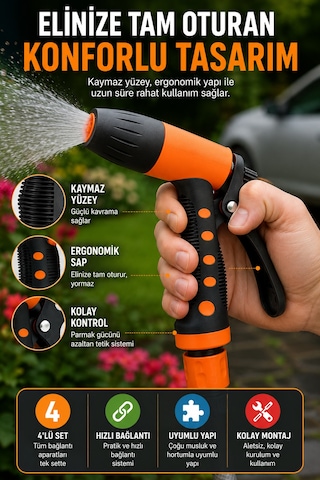 4lü Set Bahçe Sulama Tabancası Tazyikli Su Tabancası Hortum Aparatlı Ayarlı Sprey Ucu