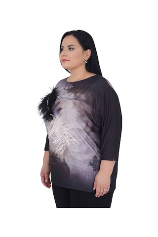 Büyük Beden Tüğlü Taş Detaylı Oversize Bluz Siyah
