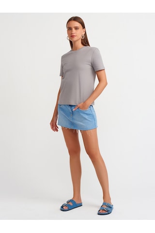 Dilvin Pamuklu Bisiklet Yaka T-shirt Gri