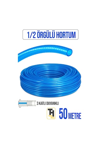 1/2 Örgülü Bahçe Hortumu Çatlamaz, Kırılmaz, Esnek 50 Metre Mavi