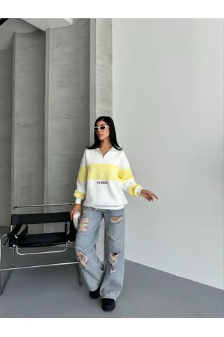 Yarım Fermuar Ikı Renklı Sweat Sarı
