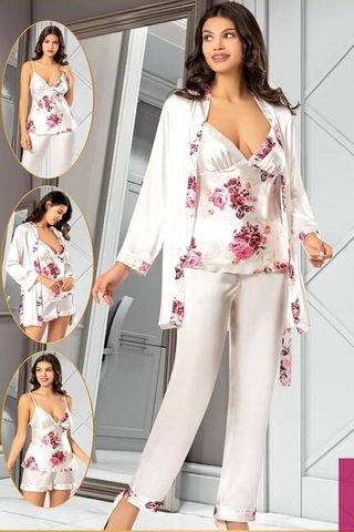 Xses 2155 Kadın Gulkurusu Saten Empirme Sabahlıklı 4'lü Pijama Takım Gulkurusu