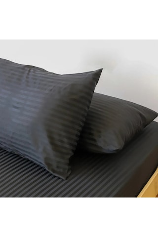 Çizgili Saten Yatak Çarşafı Lastikli 100x200 Yastık Kılıfı 50x70 Siyah