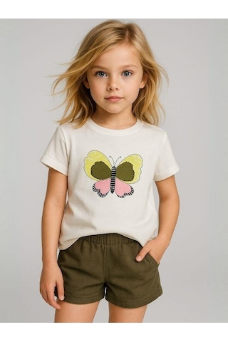 Nk Kids Kız Çocuk Kelebek Desenli T-shirt-15979 Ekru Ysl