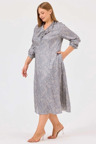 Galaxi Kadın Büyük Beden Desenli Fırfır Detaylı Elbise 4005 Mavi Mavi