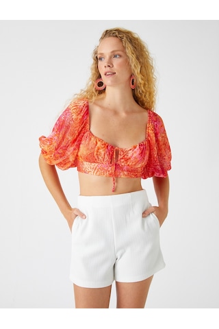 Koton Şahika Ercümen X Koton - Crop Bluz Balon Kollu Bağlama Detaylı Turuncu Desenli 2sak30154ew 2SAK30154EW2D0 Turuncu