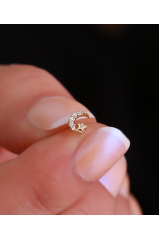 14 Ayar Altın Taşlı Ay Yıldız Tragus Piercing Sarı Altın