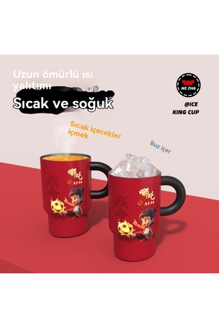 Aurora Nezha Sevimli Termos Bardağısu Bardağı Büyük Kapasiteli Öğrenci Kırmızı