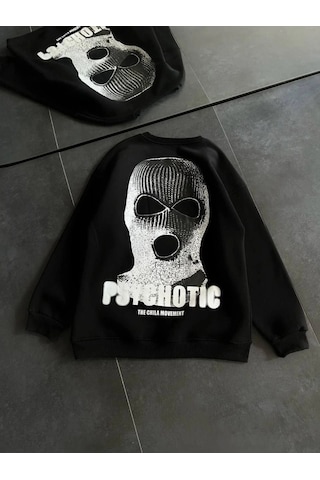 Vexor Kışlık Bisiklet Yaka Baskılı Sweatshirt - Siyah