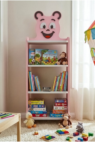 Reyo Falez Çocuk Kitaplık Happy Face 4 Raflı Sevimli Figürlü Düzenleyici Raf Sistemi - 8025 Pembe