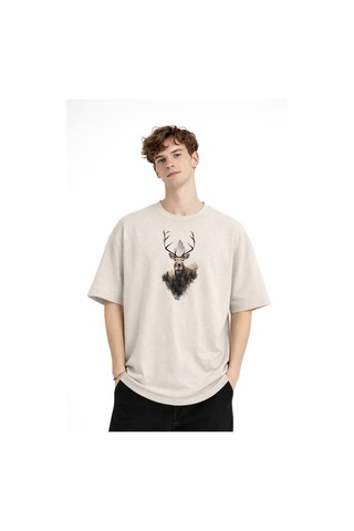 Misa Tahtakale Deer - Oversize Erkek Tişört Bej Çok Renkli