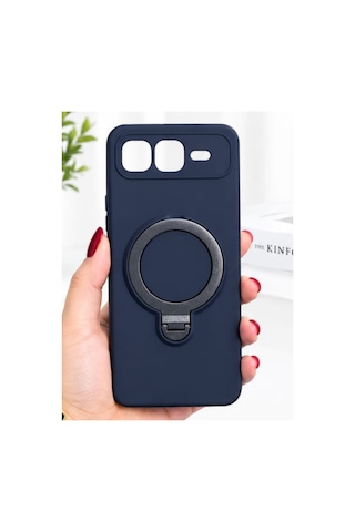 İnfinix Smart 10 Plus İle Uyumlu 360 Derece Dönebilen Kalın Metal Magsafe Halka Stantlı İçi Kadife Korumalı Ultra Lüx Premium Silikon Kılıf Lacivert