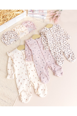 Babymod Üçlü 100% Pamuk Şapkalı Kız Bebek Tulum Çok Renkli