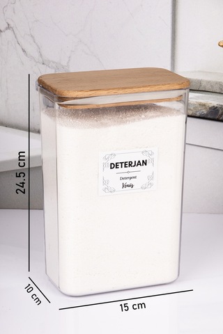 Ahşap Vakumlu Kapaklı Toz Deterjan Kutusu 3 Litre 2,5 Kg Kapasiteli Şeffaf