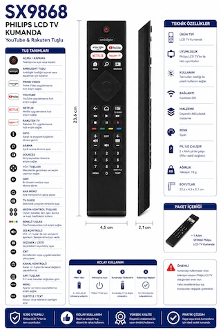 Philips Sx9868 Netflix Youtube Lcd Led Tv Kumandası