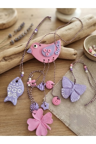 El Yapımı Taş Tozu Süs Seti - Pembe Kuş Kelebek Balık Çiçek Dekoratif Asılabilir Obje 4'lü Set