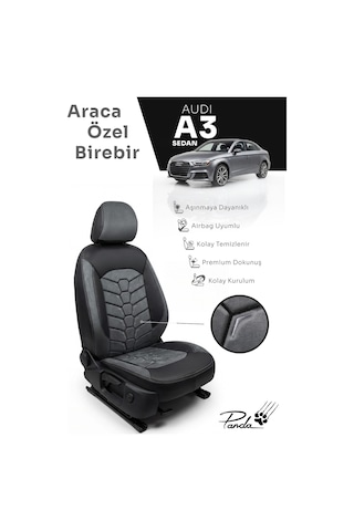 Füme - Siyah Panda Audi A3 Sedan 2014 - 2020 Arası Uyumlu Araca Özel Taytüyü Oto Koltuk Kılıfı