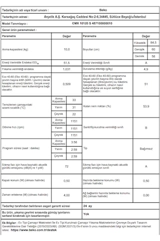 Beko CMX 10120 S 1200 Devir 10 KG Çamaşır Makinesi