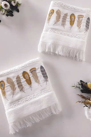 2'li Nakışlı Kadife El Havlusu -jakarlı Tüy İşlemeli Yüz Havlusu - %100 Pamuk Beyaz Beyaz