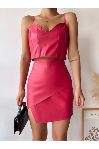 Kapaklı Asimetrik Model Deri Etek Pembe S240106 Pembe