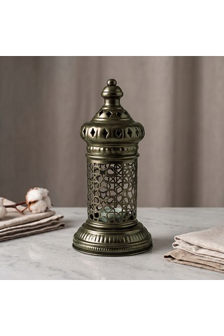 Beyaz Geometrik Metal Fener Selçuklu Yıldızı Çay Feneği Tutucu Minimalist Fas Mum Dekorasyonu Haki
