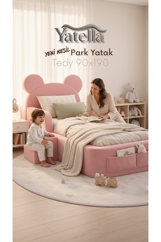 Yatella Luxury Tedyy Baza Ve Başlıklı Montessori Full Sünger Yatak Seti 90 X 190 Pembe