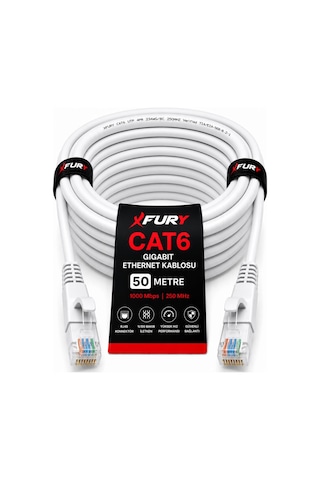 Fury Cat6 Ethernet Kablosu 50 Metre Rj45 Lan İnternet Modem Router Bilgisayar Kablosu