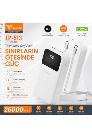 Lucatech Lp-513 25000 Mah Powerbank Pd 25w Hızlı Şarj Dahili Type-c & Lightning Kablolu Dijital Led Göstergeli Taşınabilir Şarj Cihazı BEYAZ