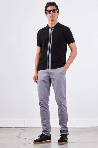 Dufy Siyah Polo Fermuar Yaka Düz Kısa Kollu Slim Fit Erkek Triko Siyah