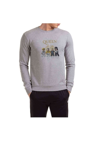 Queen Lego Baskılı Gri Erkek Örme Sweatshirt