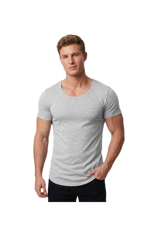 Deepsea Erkek Gri Geniş Yaka Likralı Tişört Oval Yaka Slim Fit Eteği Oval Açık Yaka T-shirt 1801199 Gri