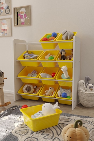 12 Sepetli Çok Amaçlı Oyuncak Dolabı Montessori Dolap Sarı